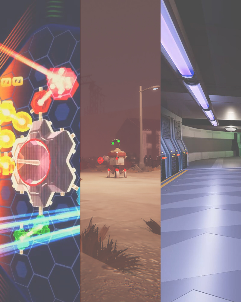 Visuels de jeux vidéo avec éléments colorés et effet néon.