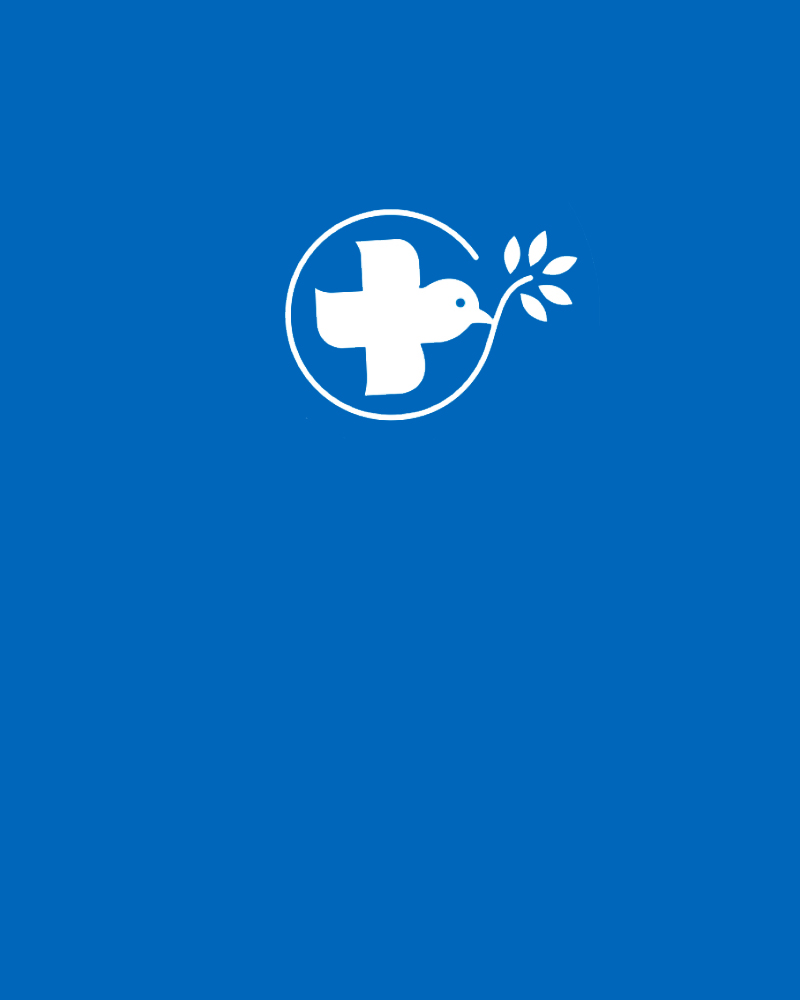 Logo bleu avec croix médicale et élément floral blanc.