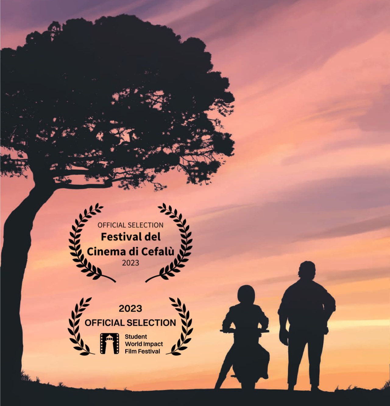 Illustration d’un arbre et d’une famille au coucher du soleil, avec ambiance chaleureuse. Affiche du film Chicane
