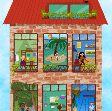 illustration de maison avec fenêtres sur univers stylisés