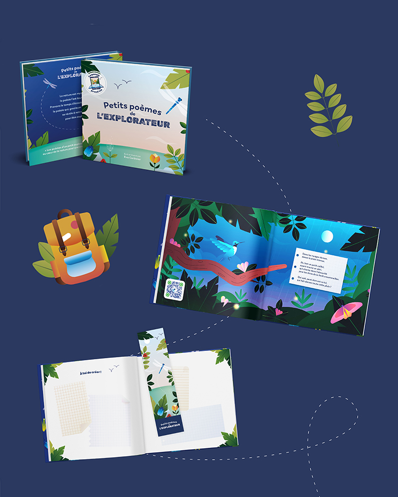 Composition graphique bleue avec le livre Petits poèmes de l'explorateur et éléments de papeterie