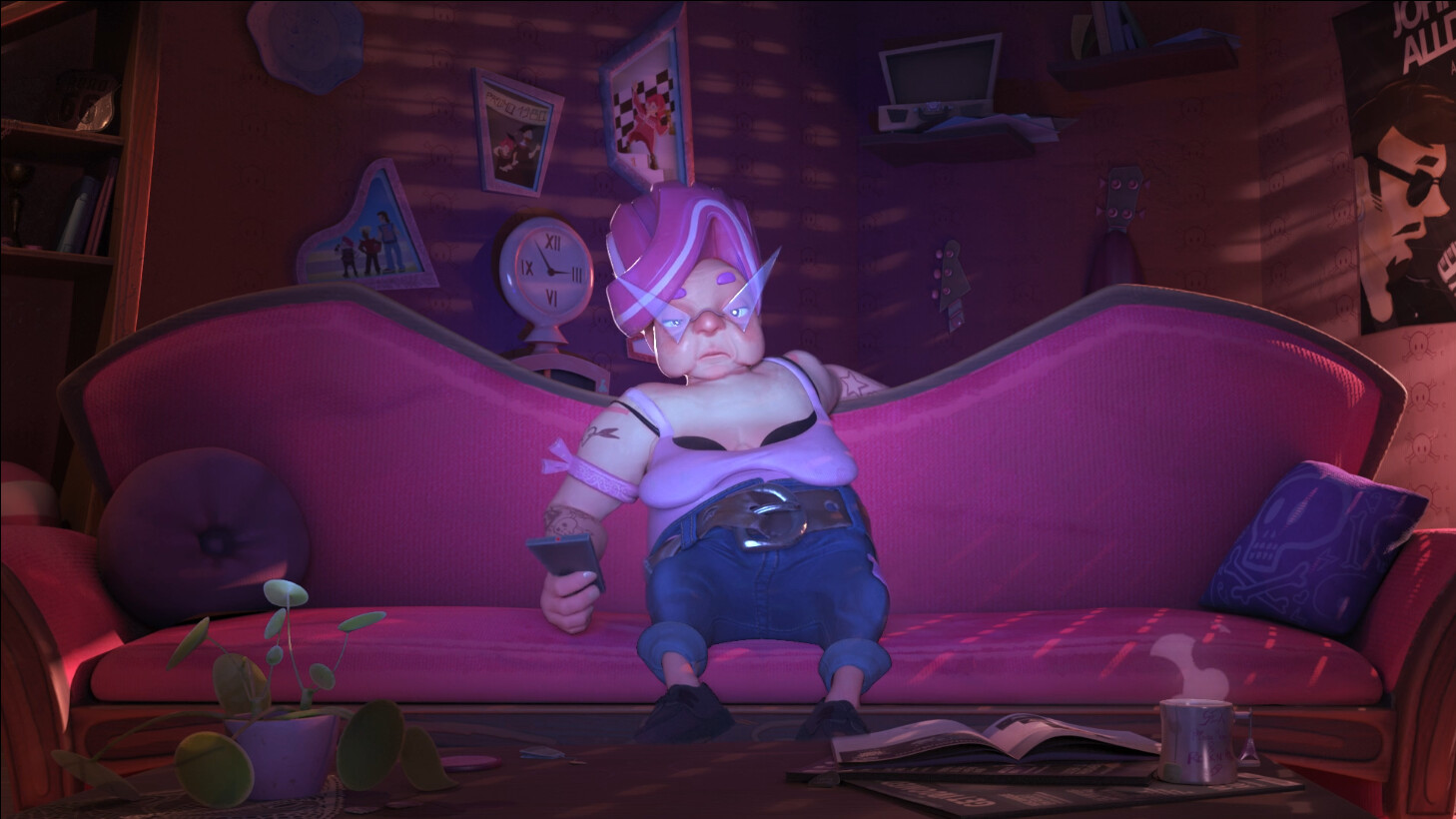 Extrait film d'animation : Personnage assis dans une ambiance lumineuse violette, dans une scène créative.