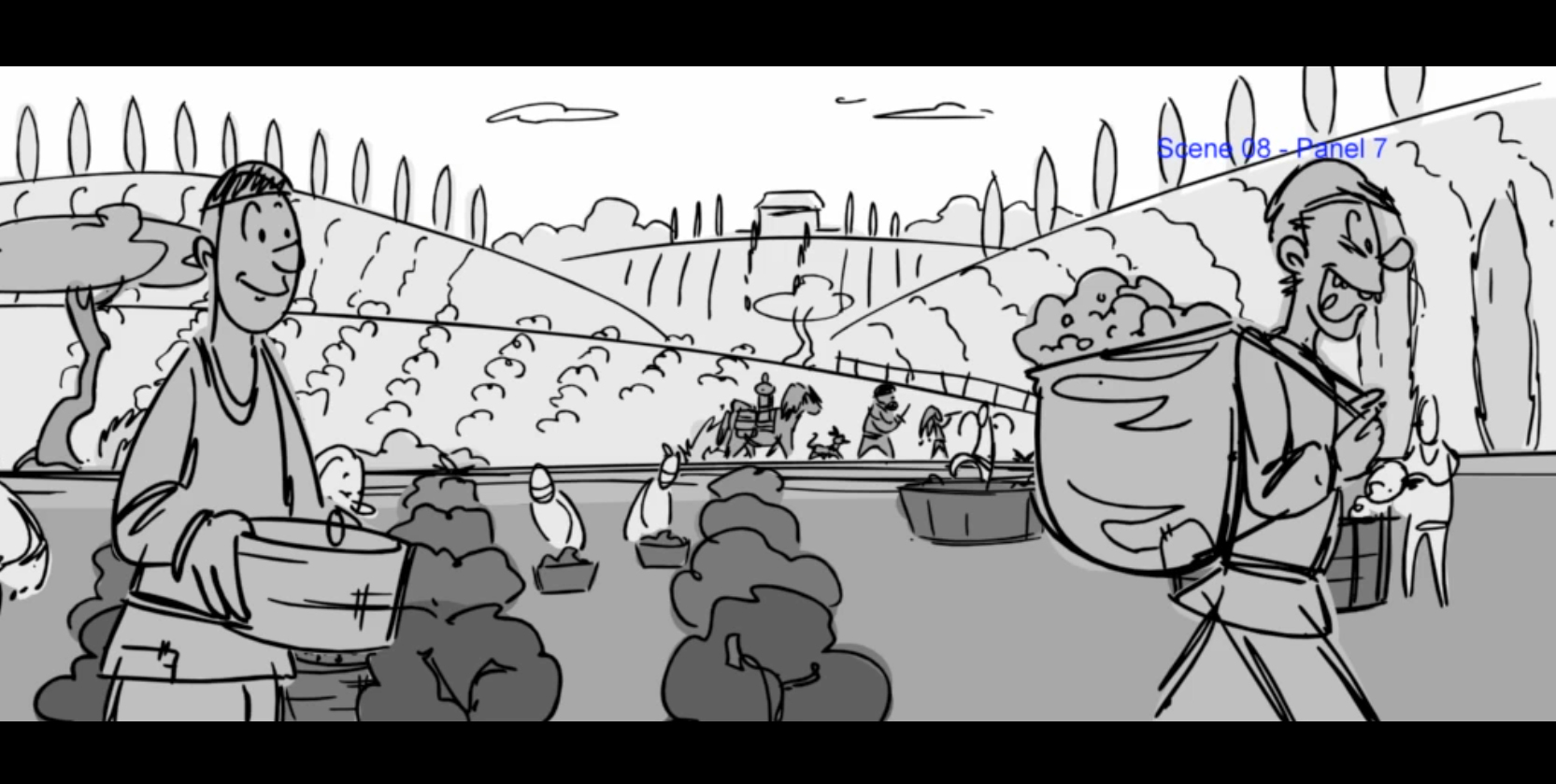 Image d'un storyboard en noir et blanc d'un paysage avec route, pont et personnages.