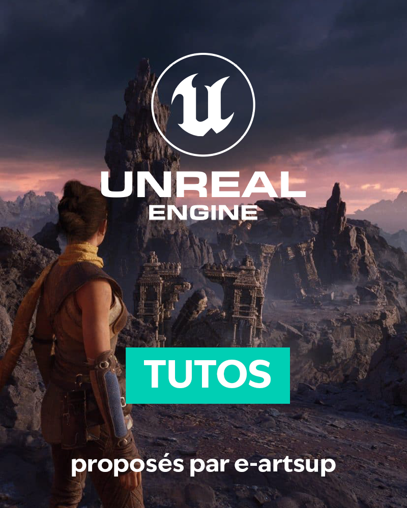 Visuel “Unreal Engine Tutoriels” avec paysage de jeu vidéo et logo.
