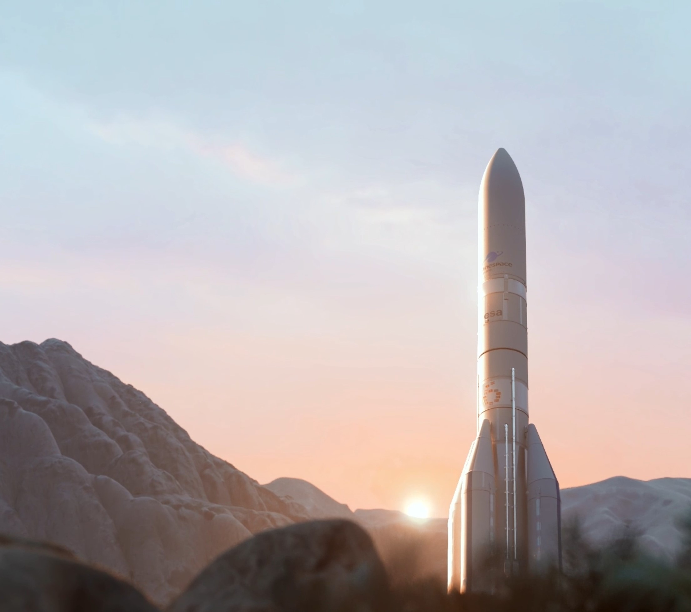 Fusée Ariane 6 sur son pas de tir au lever du soleil avant un lancement spatial