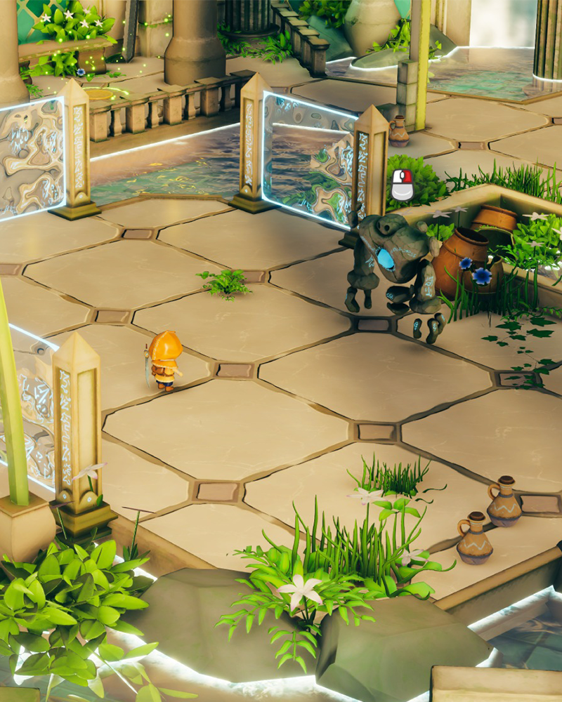 Scène de jeu vidéo avec jardin avec pavés, plantes et bâtiments en pierre