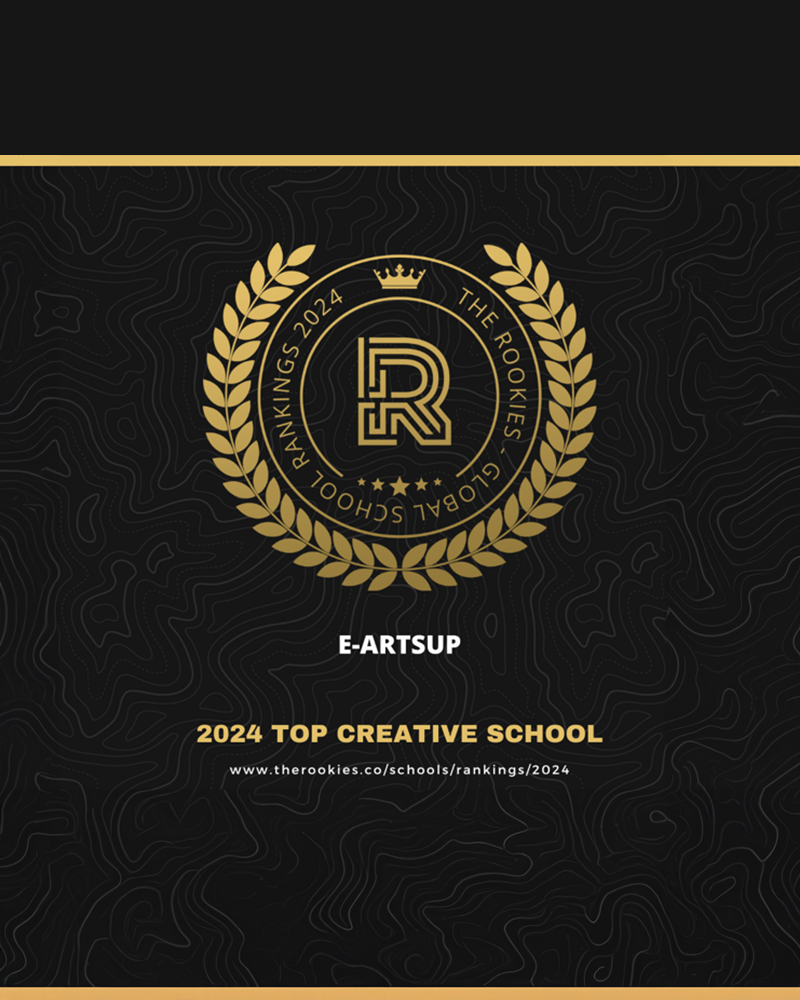 Logo circulaire doré sur fond noir, style distinction académique, The Rookies e-artsup 2024 Top Creative School