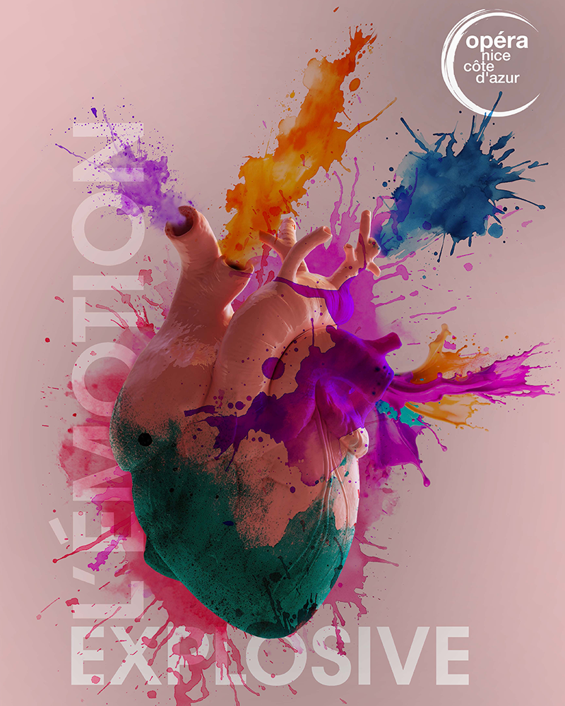 Illustration abstraite colorée avec éclaboussures de peinture en rose, violet et orange pour l'Opéra de Nice