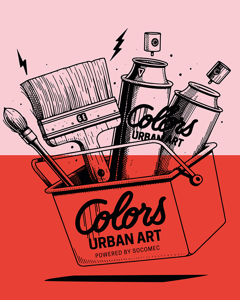 Illustration d’outils créatifs avec pinceaux et pots de peinture sur fond rouge pour Colors Urban Art