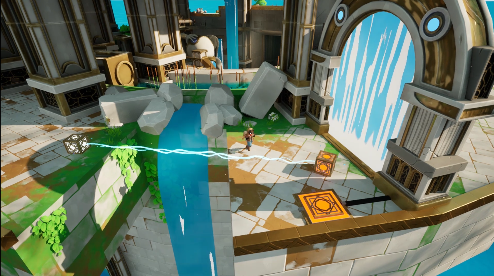 Image extraite du jeu vidéo Floodcore. Personnage qui se dépakce dans un temple en recouvert de verdures et des cascades