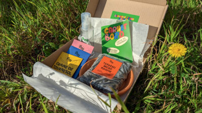 Kit de culture de micro-pousses présenté dans une boîte en carton avec graines, terreau et vaporisateur, création de packaging écoresponsable conçue par des étudiants en direction artistique à e-artsup.