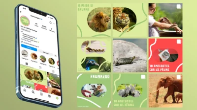 Maquettes de publications Instagram dédiées à la découverte de la faune sauvage, associées à une interface mobile, projet de stratégie digitale et design graphique réalisé par des étudiants d’e-artsup.