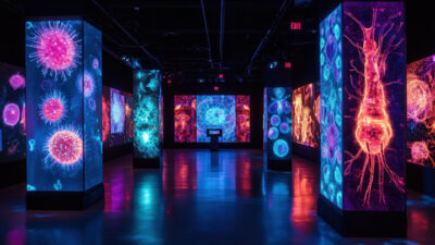 Salle d’exposition immersive présentant des visualisations lumineuses inspirées de formes microscopiques et biologiques, diffusées sur de grands écrans verticaux et panoramiques