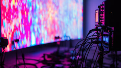 Équipement audiovisuel et caméras installés face à un écran LED coloré, illustrant les technologies utilisées pour la production d’expériences immersives et de contenus numériques.