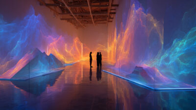 Espace d’exposition immersif où des projections lumineuses évoquant des montagnes et paysages abstraits recouvrent les murs, créant une expérience artistique spectaculaire et sensorielle.