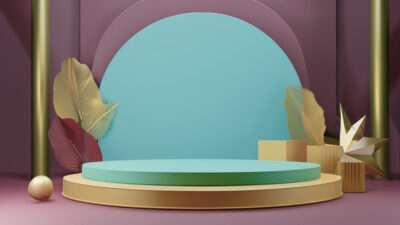 Podium circulaire turquoise et doré mis en scène dans un décor 3D aux tons pastel, avec formes géométriques et éléments végétaux stylisés, conçu pour la présentation de produits, le branding ou la communication visuelle.