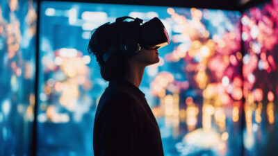 Personne portant un casque de réalité virtuelle dans un environnement lumineux et immersif, découvrant une expérience interactive mêlant technologies immersives et univers numérique.