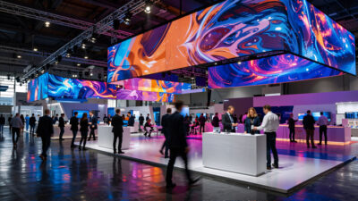 Stand d’exposition professionnel dans un salon international, équipé de grands écrans LED suspendus diffusant des animations colorées, illustrant un projet de design d’espace, scénographie événementielle et communication de marque.