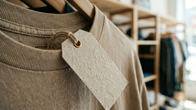 Gros plan sur une étiquette en papier recyclé attachée à un vêtement dans une boutique, illustration d’un projet de branding responsable et de design durable réalisé par des étudiants.