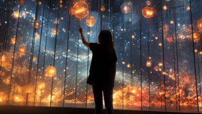Silhouette d’une visiteuse explorant une installation artistique immersive composée de sphères lumineuses suspendues et d’un décor numérique évoquant un univers cosmique et onirique.