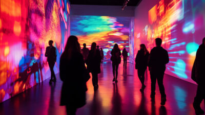Visiteurs circulant dans une exposition immersive entourée d’écrans géants diffusant des animations abstraites colorées, mêlant art numérique, lumière et expérience interactive.