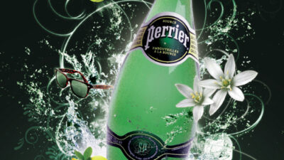 Affiche publicitaire pour Perrier mettant en scène une bouteille d’eau pétillante entourée d’éclaboussures, de fruits et d’éléments graphiques dynamiques, projet étudiant de publicité et direction artistique réalisé à e-artsup.