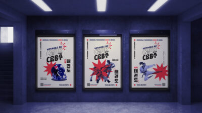 Série d’affiches promotionnelles pour un championnat international de taekwondo à Séoul, associant typographie expressive et illustrations sportives, projet de design graphique conçu par des étudiants d’e-artsup.