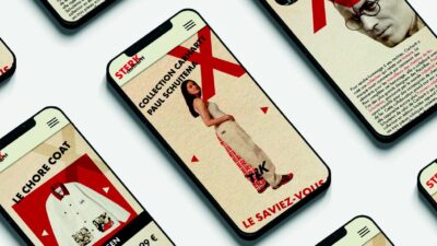 Série d’écrans de smartphone présentant une interface e-commerce pour une collection de vêtements inspirée du designer Paul Schuitema, projet étudiant en UX/UI design, branding et direction artistique digitale.
