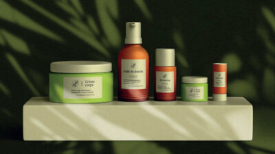 Produits de soin naturels présentés sur un socle dans une ambiance végétale, projet de packaging et identité de marque réalisé par des étudiants en design graphique et direction artistique à e-artsup.