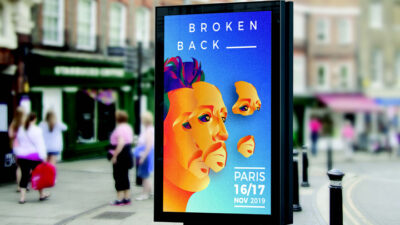 Affiche promotionnelle pour un concert intitulé « Broken Back », illustrée par des visages stylisés aux couleurs vives, projet étudiant de communication visuelle et illustration numérique.