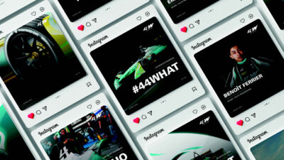 Ensemble de visuels Instagram dédiés à une équipe de sport automobile, combinant photographies de course, portraits de pilotes et identité graphique dynamique, projet étudiant de communication digitale et design de marque.