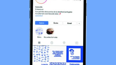 Maquette de profil Instagram pour Caravella, marque de street food portugaise, mettant en avant une identité visuelle inspirée de l’univers méditerranéen et de la communication culinaire, projet étudiant réalisé à e-artsup.