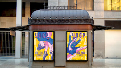 Affiches illustrées installées sur un kiosque urbain pour promouvoir un festival international de danse classique, projet étudiant de design graphique et communication événementielle.