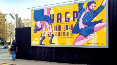 Panneau publicitaire présentant une affiche colorée pour un concours international de danse à New York, projet de direction artistique et communication visuelle réalisé à e-artsup.