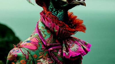 Créature anthropomorphe à tête d’oiseau portant un chapeau orné de fleurs et de plumes ainsi qu’un costume brodé aux motifs floraux, dans une scène onirique mêlant mode, illustration et fantaisie.