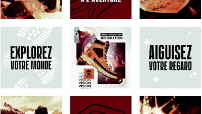 Mosaïque de publications Instagram pour une campagne Timberland dédiée à l’aventure et à l’exploration, mêlant photographies de randonnée, typographie impactante et visuels de produits, projet étudiant de communication digitale et direction artistique réalisé à e-artsup.