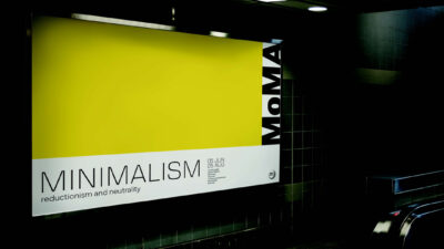 Affiche grand format dédiée au minimalisme, composée d’un aplat jaune et d’une typographie sobre, projet étudiant explorant les principes du design graphique contemporain.