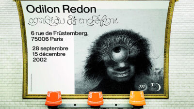 Affiche culturelle présentant une exposition dédiée à Odilon Redon avec une œuvre surréaliste en noir et blanc, projet étudiant de communication muséale et design d’exposition.