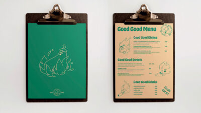 Menus et supports imprimés aux couleurs vertes et beiges pour un concept de restauration végétale, projet de création d’identité visuelle conçu par des étudiants en design graphique à e-artsup.