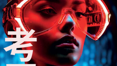 Portrait rapproché d’une femme portant une visière lumineuse rouge et une tenue futuriste, dans une ambiance néon bleue et rouge inspirée de la science-fiction, du design numérique et de la mode cyberpunk.