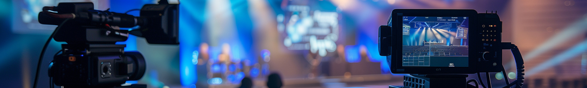 Caméras professionnelles filmant un événement esport dans une salle de spectacle éclairée aux néons.