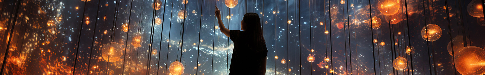 Silhouette d’une visiteuse explorant une installation artistique immersive composée de sphères lumineuses suspendues et d’un décor numérique évoquant un univers cosmique et onirique.