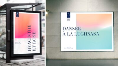 Deux affiches culturelles au design minimaliste utilisant des dégradés pastel et une composition typographique épurée, projet étudiant de design graphique et identité visuelle.