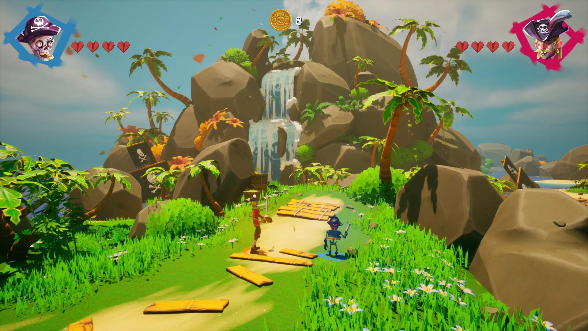 Extrait jeu vidéo Unknowz, paysage fantastique avec cascades, pirates et végétation.