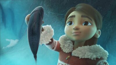 Personnage 3D de jeune fille inuit dessinant sur une surface de glace dans un environnement polaire lumineux, extrait d’un court métrage d’animation réalisé par des étudiants d’e-artsup.