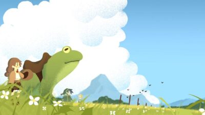 Paysage illustré avec grenouille au premier plan