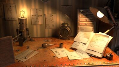 Intérieur ancien avec bureau et documents