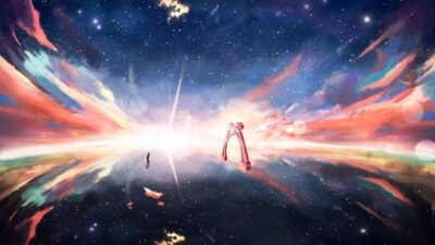 Personnage marchant dans un paysage cosmique