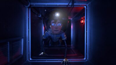 Jeune astronaute progressant dans un conduit métallique éclairé de lumières bleues et rouges, scène d’animation 3D réalisée dans le cadre d’un projet étudiant.