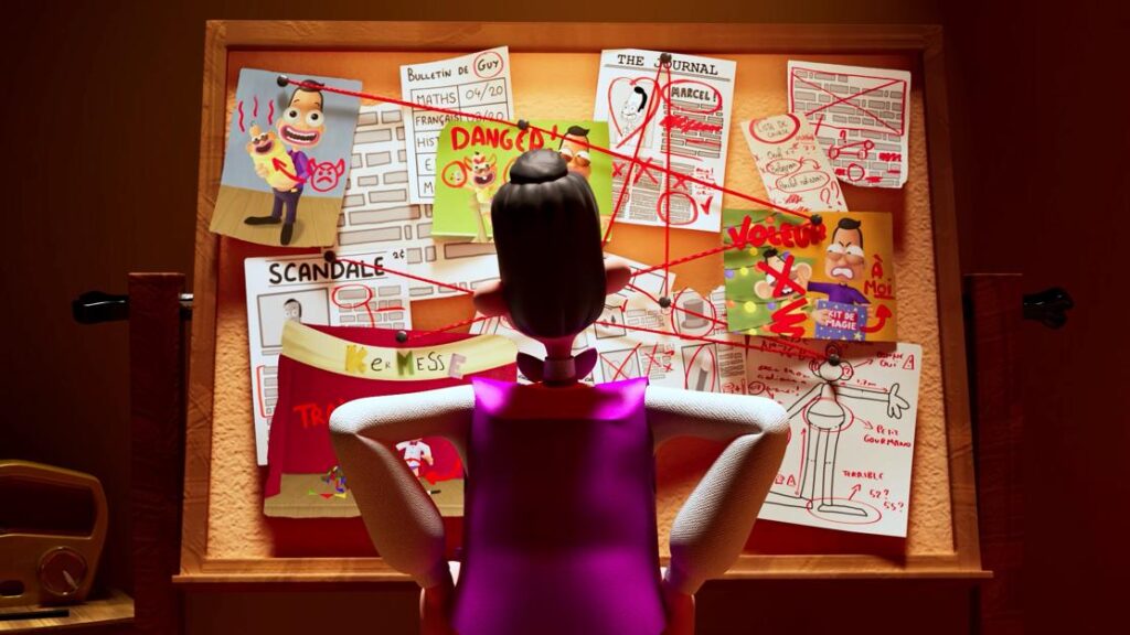 Personnage observant un tableau rempli de notes, photos et schémas reliés par des fils rouges, scène humoristique d’un film d’animation 3D étudiant.